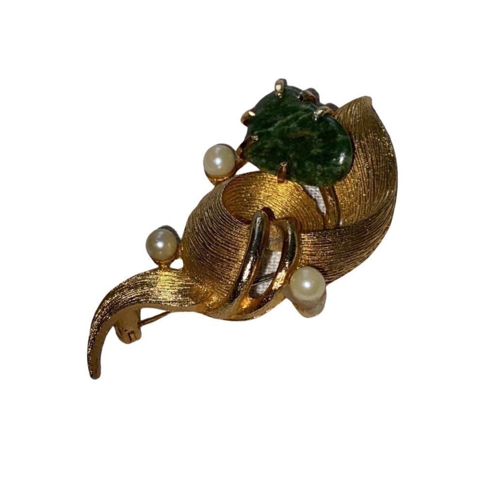 Lisner Fabulous Jade & Faux Pearl Gold-tone Brooch